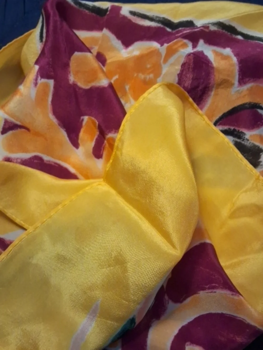 Vintage Silk Feel Scarf Rolled Edge Colorblock Floral Baroque Yellow Border